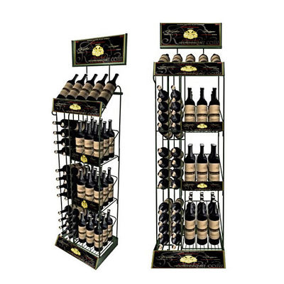 Suporte de exposição de venda quente do vinho do assoalho da cremalheira de exposição da garrafa de vinho do Dobro-lado do supermercado com logotipo feito sob encomenda