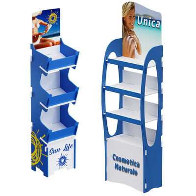 Exibição de piso em cartão personalizável para produtos de cuidados da pele de madeira contraplacada e protetor solar para bebês para lojas de varejo